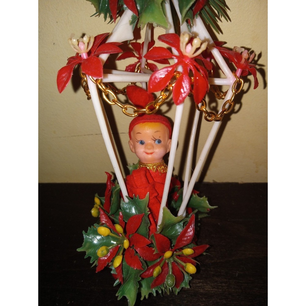 Vintage Pixie Knee Hugger‎ Elf Christmas Ornament 10" Cage Poinsettia